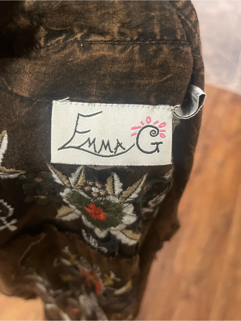 Emma G brown, long-sleeve embroidered button-down utility tunic shirt